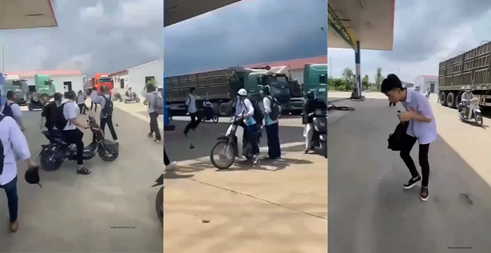 越南一高中放学后发生冲突 为点鸡毛蒜皮的恩怨 竟当街拿刀刺同学的喉咙